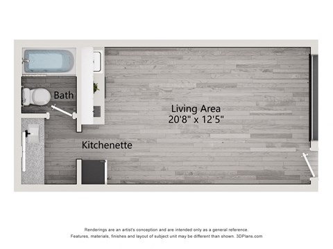 Floor plan for studio, 1 bath, 334 sqft